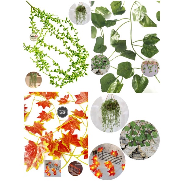 DAUN ARTIFICIAL MERAMBAT BAHAN PLASTIK  DAUN SUKULEN , DAUN MAPLE ORANGE & DAUN ANGGUR | CALLUELLA S