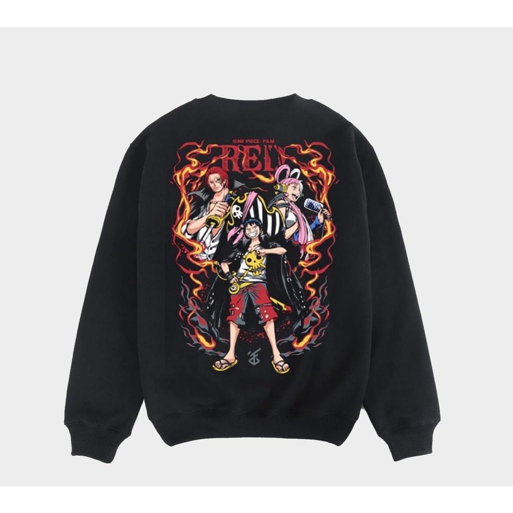 ANIME SWEATER UNISEX OVERSIZE RED ONE PIECE / CREWNECK UNISEX SIZE XL FLEECE TEBAL HALUS TERBARU'