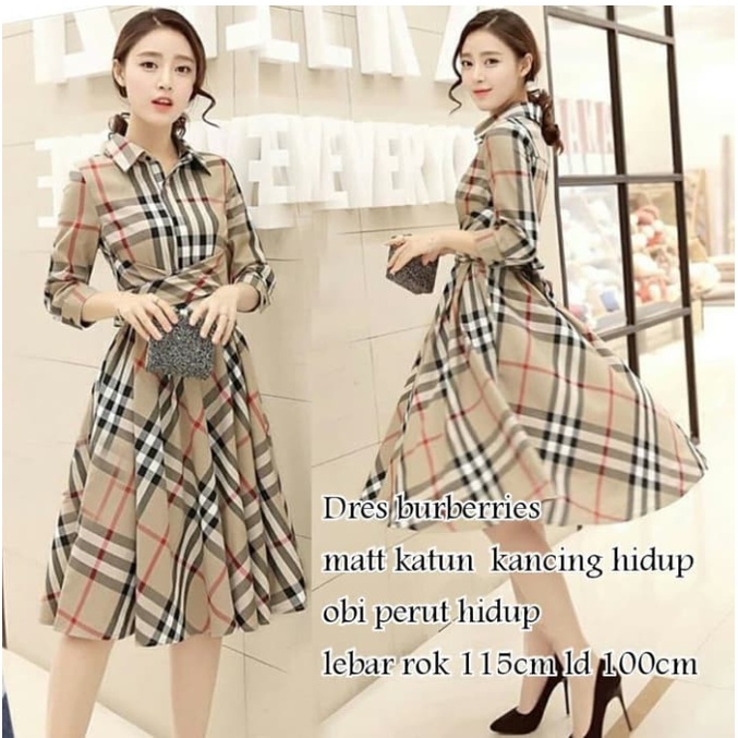 Collar BBR Dress kotak burberry lengan Panjang Mini Dres wanita bahan katun kotak import fit L ld 10