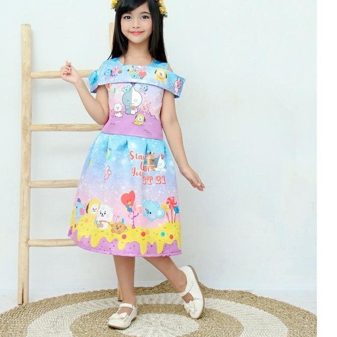 PROMO Dress satin bridal / dress sabrina motif BTS BT21 / baju pesta anak termurah / dress anak best