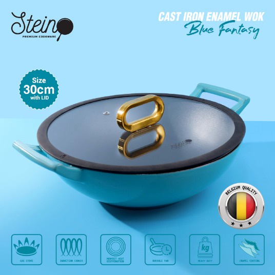 Stein Cookware - Non-Stick Cast Iron Enamel Wok 30cm with Lid