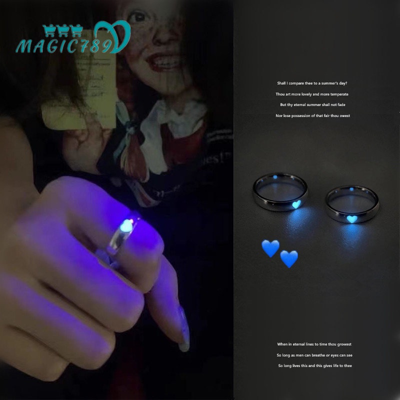 Papaozhu Trendi Biru Hati Bercahaya Cincin Untuk Pasangan Pecinta Korea Glow In The Dark Terbuka Cincin Jari Manset Persahabatan Perhiasan Hadiah