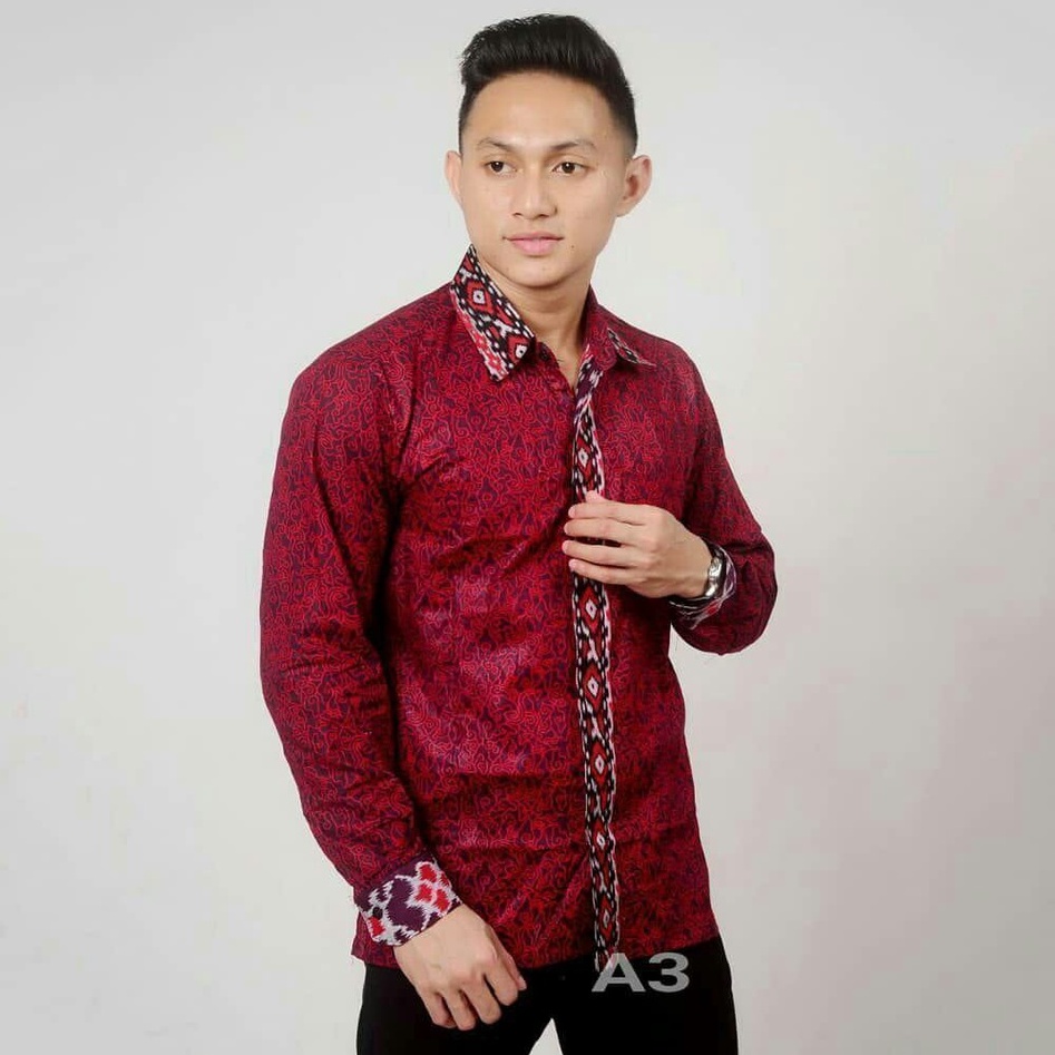 KEMEJA BATIK LENGAN PANJANG MOTIF MEGA MENDUNG MERAH M L XL XXL