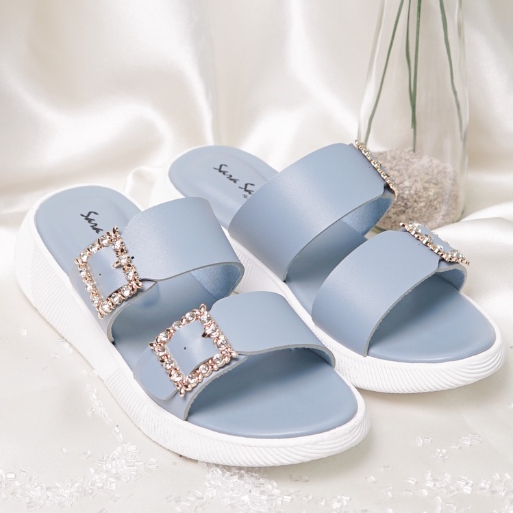 SARASARA YUK - Sandal Wanita Slop Casual Model Birken Sol Puyuh SARA SARA JOA ALL COLOR Sendal Cewek Kulit Santai Strap Gesper dua Empuk Size 36 37 38 39 40 Warna Biru Blue Dongker Selop Anti Slip Premium Original Terbaru Shoes ORI Mall Official Store