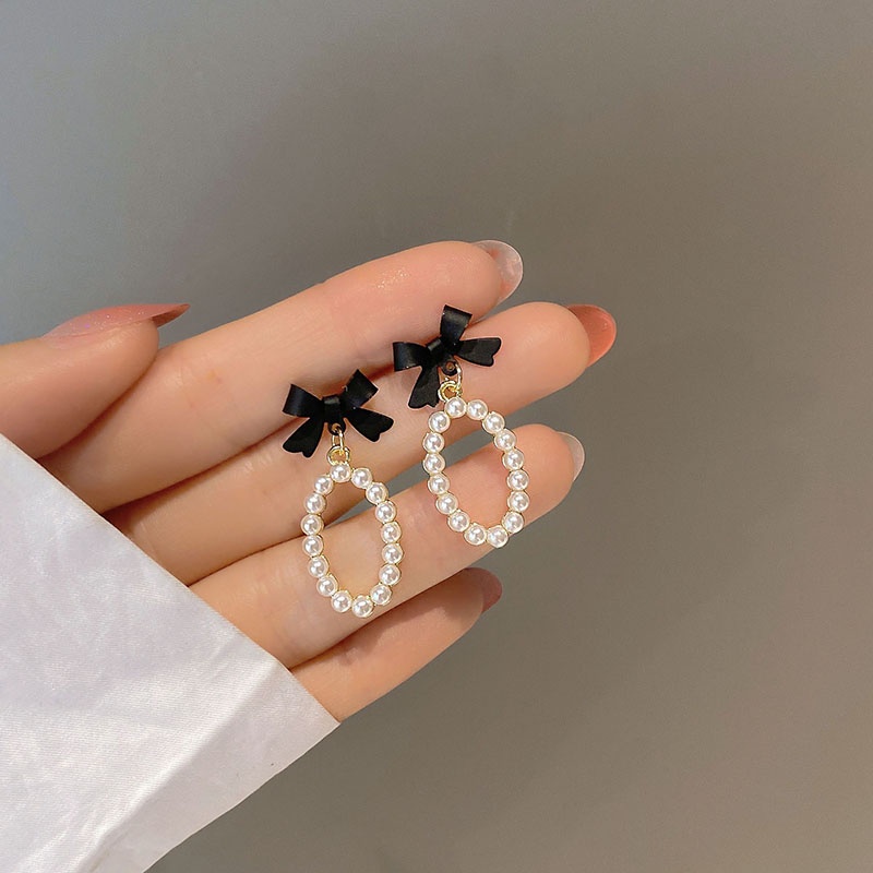 Anting Busur Hitam Anting Tusuk Mutiara Emas Drop Earring Untuk Aksesoris Perhiasan Wanita