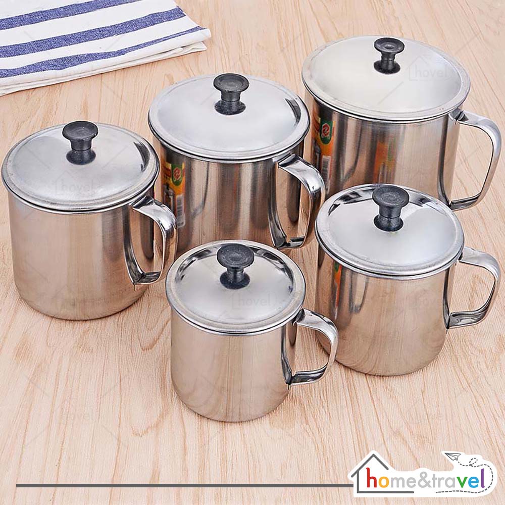 HOVELSHOP Gelas Mug Kopi Stainless Steel Dengan Tutup Cangkir Camping Outdoor Teh Anti Karat