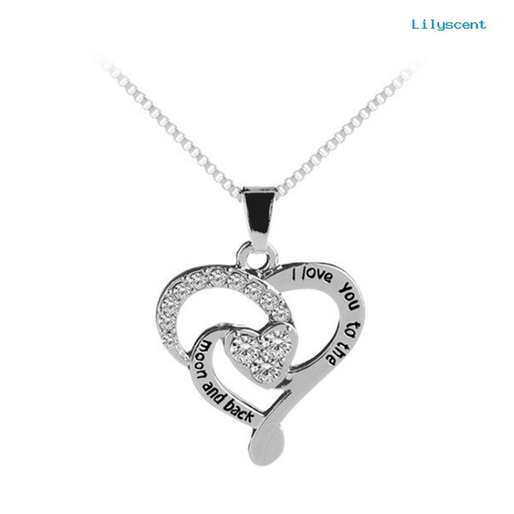 [LS]I Love You to the Moon Berongga Berlian Imitasi Jantung Liontin Kalung Hadiah Hari Ibu