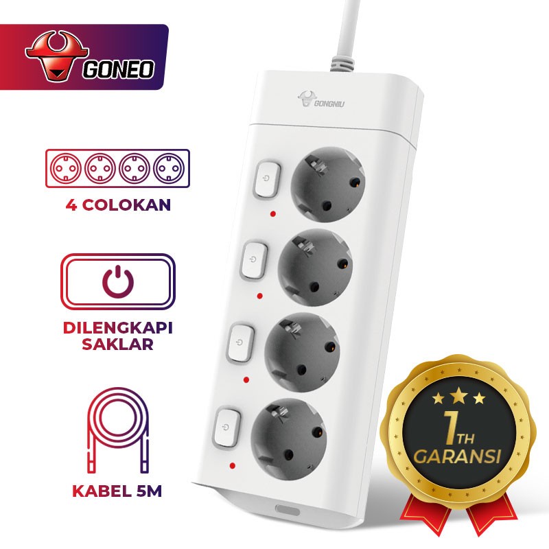 Stop Kontak Single On/Off Power Strip 4 Lubang GONEO G3040 Kabel - PANJANG Kabel 5M