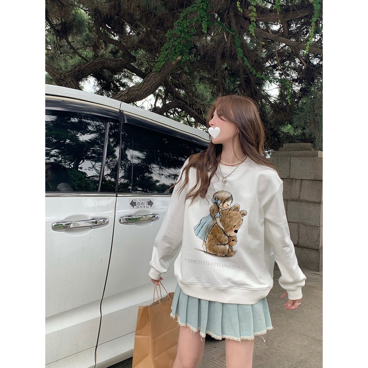 EUNII Sweater Lengan Panjang Little Girl And Bear Korean Style/Hoodie Oversize/Baju Wanita/Switer Wanita