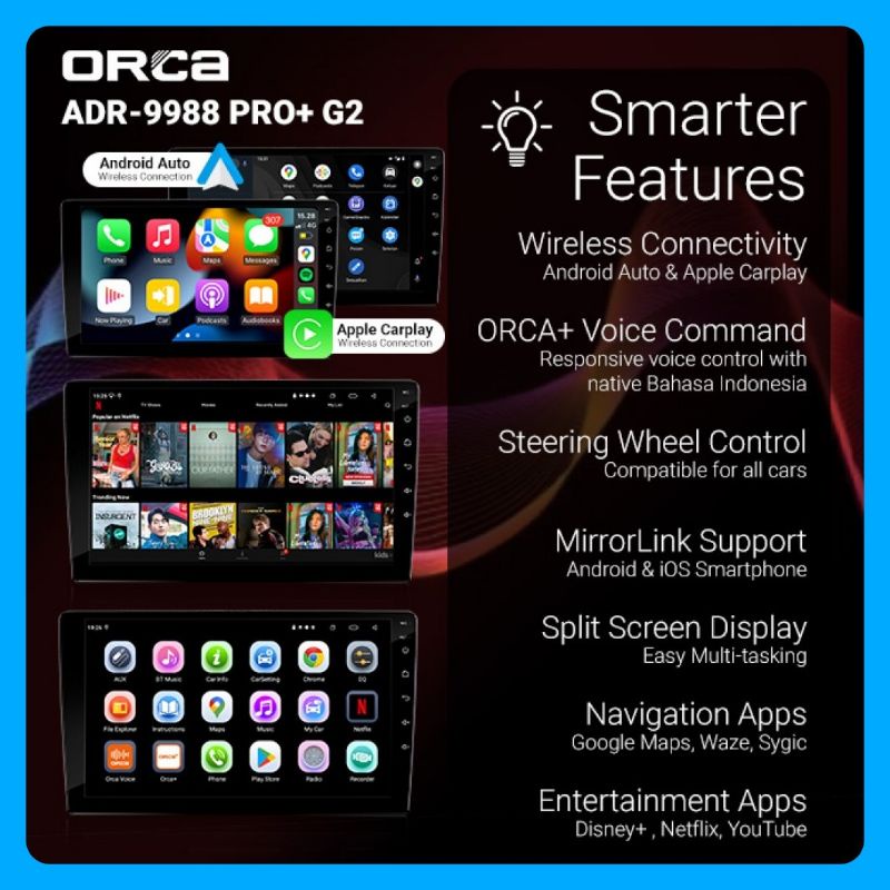 Head Unit Android 9 inch / 10 inch ORCA ADR-9988 PRO+/PRO Plus G2 (Generasi ke-2)