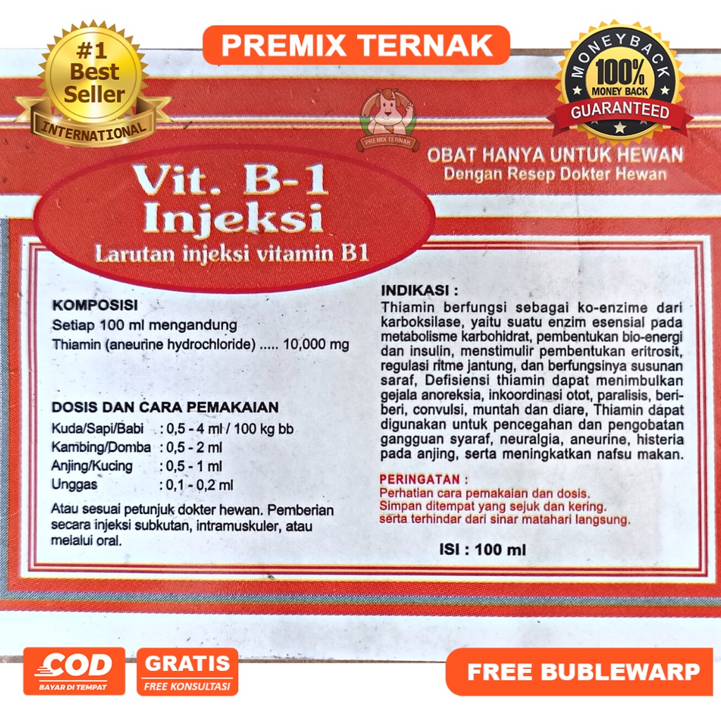 VITAMIN B1 Injeksi 100ml (oren) - Obat Lumpuh Ternak - Thiamin Hydraclorium 100 mg - Thiamin - Obat Lumpuh Hewan - Obat Lumpuh Ternak