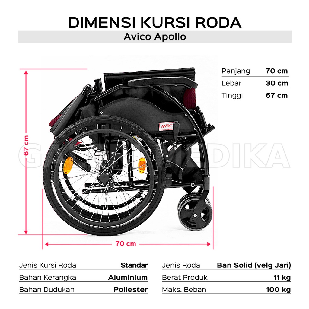 Kursi Roda Aluminium Avico Apollo - Aluminium Wheelchair Ringan Praktis Bisa Lipat Masuk Mobil