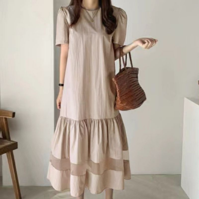 88810 Fashion baju midi dress dres lengan pendek bawah rempel remple  polos mocca gaya Korea Korean 