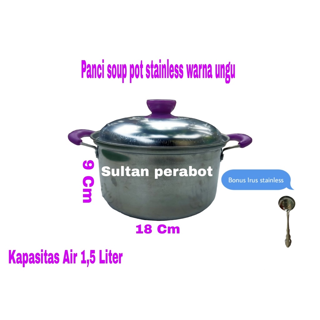 Panci sup soup pot 16cm 18cm 20cm 22cm 24cm stainless steel + tutup warna ungu free irus