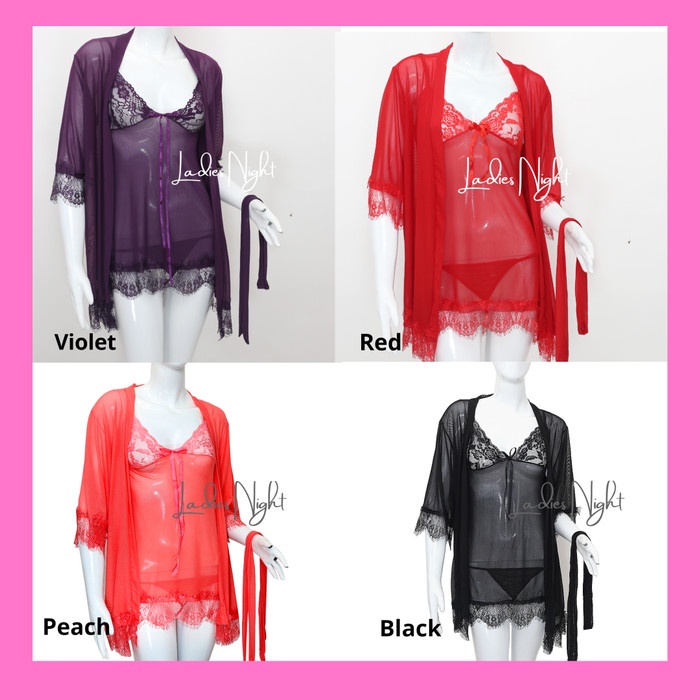 Black Valeria Sexy Nightdress Lingerie Set -Inner Dress, Robe +Gstring - Peach