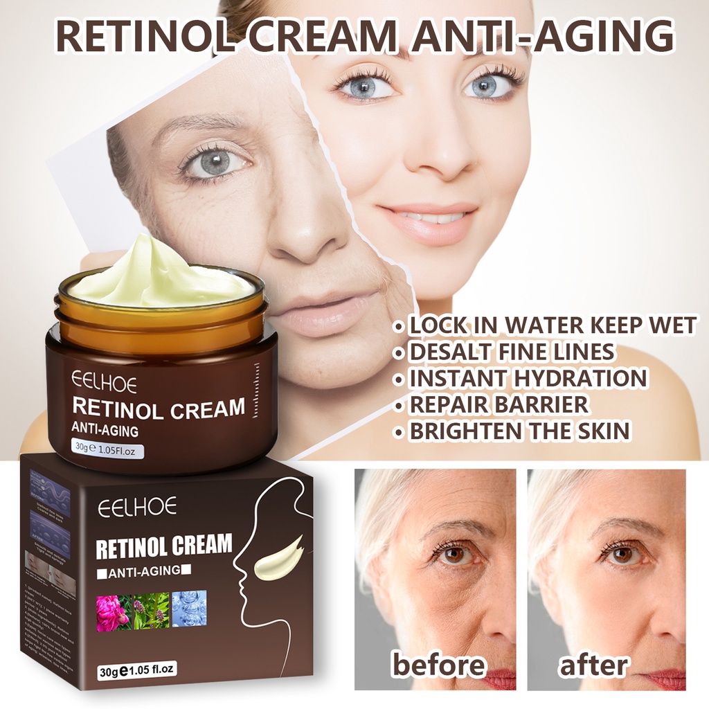 EELHOE Retinol Cream/Serum Anti-aging Moisturizer Set - Cream Malam Untuk Pelembab Wajah Pemutih Kulit Anti-kerut Flek Hitam Krim Jerawat Perawatan Kulit-30Gr