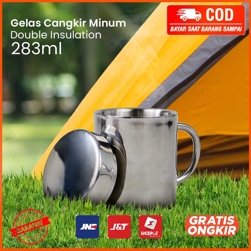 Gelas Mug Double Insulation Stainless 300ml with Lid - HH-8605 300ml