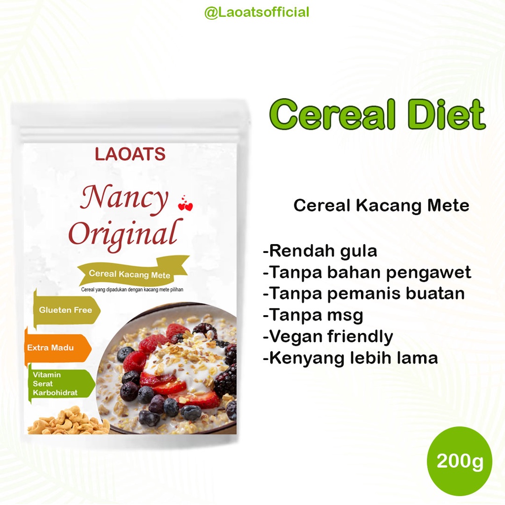 

Sereal Diet Pelangsing Penurun Berat Badan Rolled Oat Almond Milk Chia Seed Oatmeal Rendah Gula Kacang Mete Nancy Original Laoats (200g)