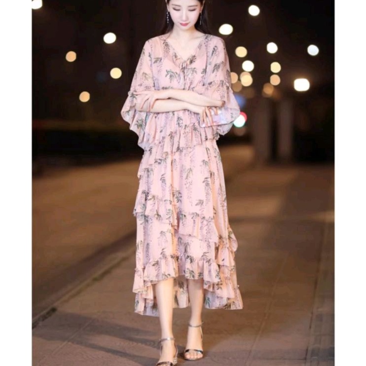 12519 Baju maxidress longdress ASYMMETRIC Maxi dress gaun pesta dres Korea Korean style ruffle rempe