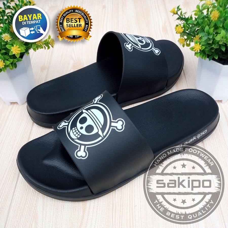 PROMO 1.1 MANTUL SALE !! SANDAL DISTRO KEREN KEKINIAN PRIA DEWASA REMAJA SLIDE HITAM MOTIF TENGKORAK LUFFI ONE PEACE / SAKIPO