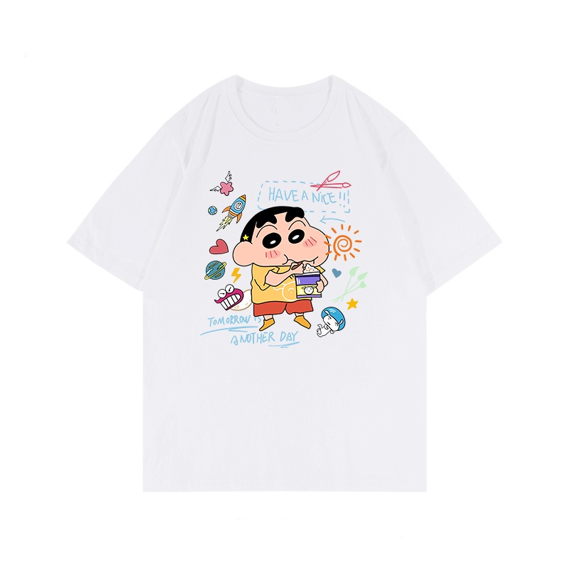 XiaoZhaiNv Kaos Atasan Wanita Putih Crayon Shinchan Pattern Lengan Pendek A0118