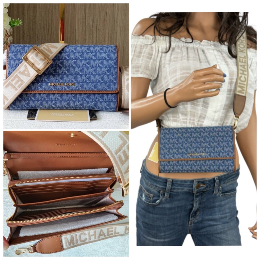 Tas MK JS Large zip around wallet crossbody denim multi sz 20x13cm