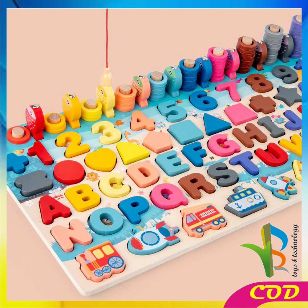 RB-M94 Mainan Edukasi 7in1 Puzzle Kayu Anak Huruf dan Angka Pancing Ikan Montessori Wooden Toys