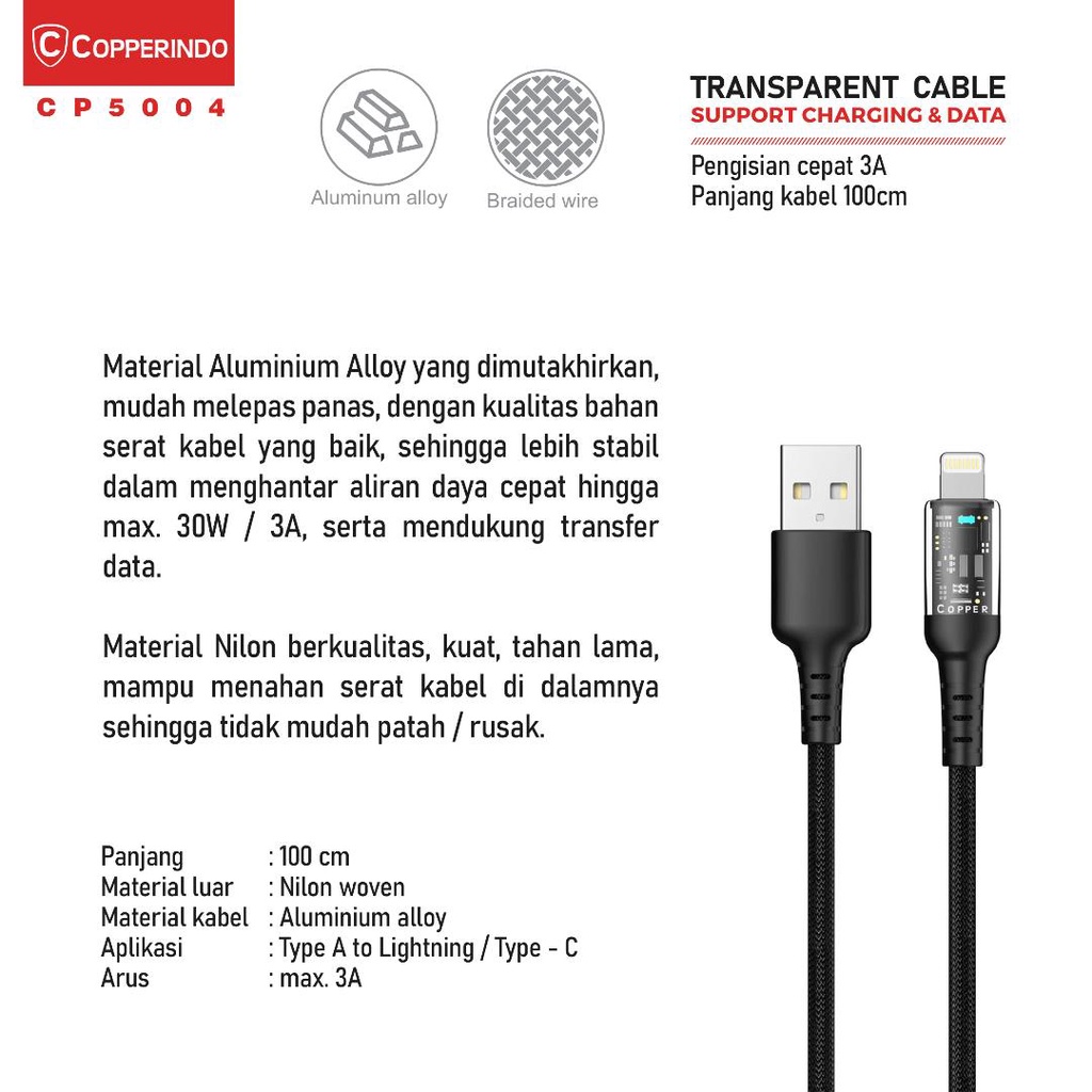 COPPER Kabel Data Transparan 30W/3A | Fast Charging Lightning | CP5004