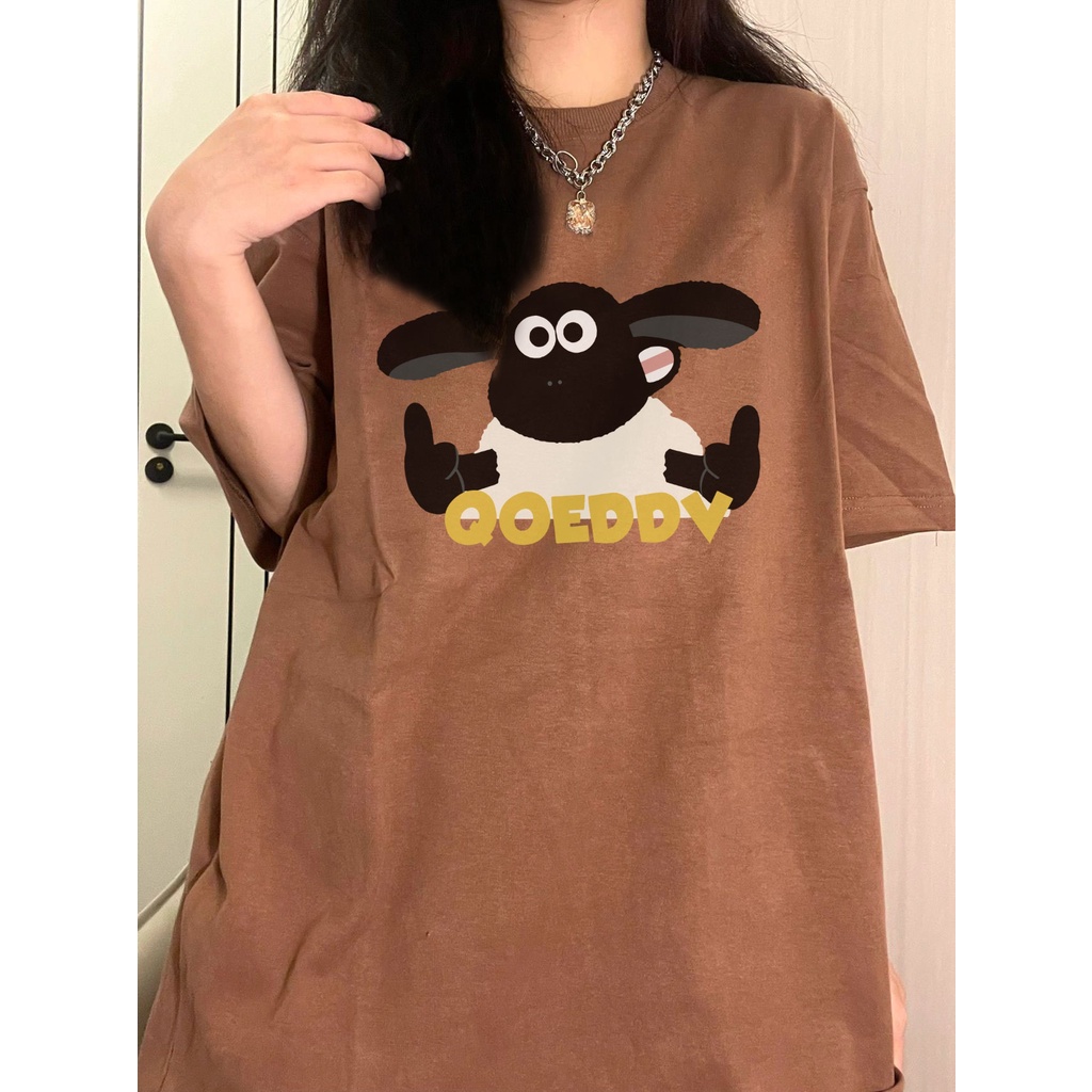 Korean Style Vintage Kaos Lengan Pendek Cream Atasan Wanita Hitam Cartoon Sheep Oversize Printed T-shirt Kekinian