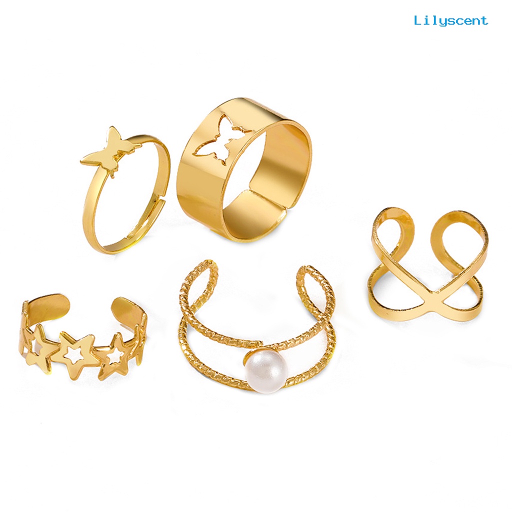 [LS]5Pcs Cincin Jari Melubangi Bintang Kupu-Kupu Perhiasan Vintage Stackable Rings Untuk Pakaian Sehari-Hari