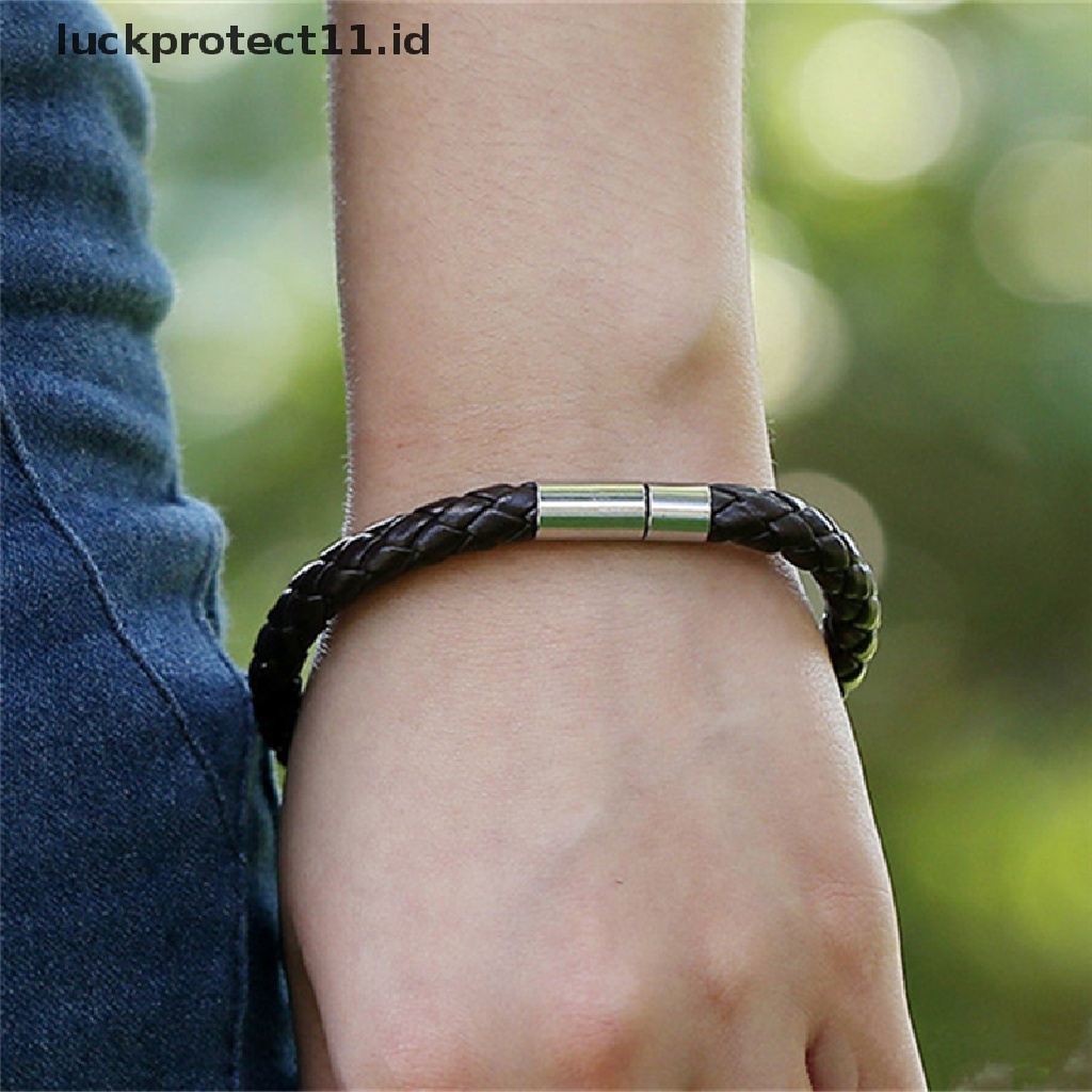 /Fashion Hot// Fashion// Wanita Pria Hitam Kulit Charm Gelang Stainless Steel Gelang Gesper Magnet.