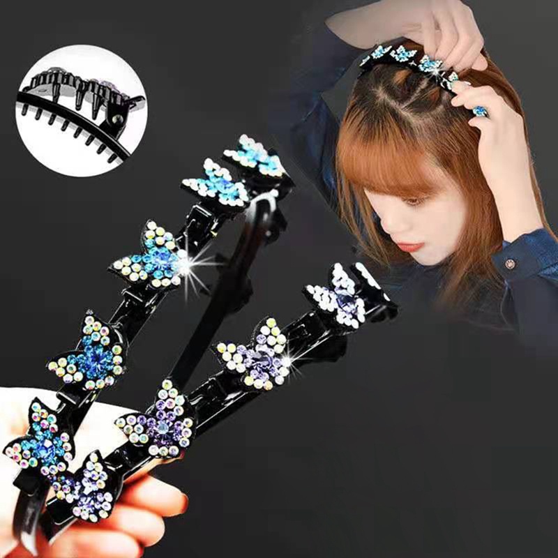 Anti-slip Hairband Berlian Imitasi Kupu-Kupu Ikat Kepala Wanita Rambut Band Hoop Cakar Klip Poni Ganda Gaya Rambut Mengepang Alat