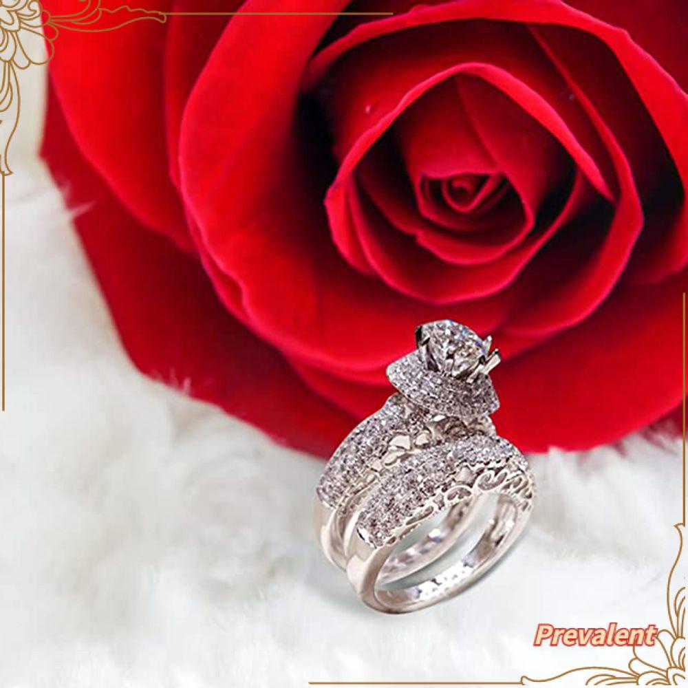 Preva 2 Pcs Cincin Berlian Wanita Perhiasan Jari Fashion Perak Pertunangan Perhiasan Aksesoris Set Mewah Kristal