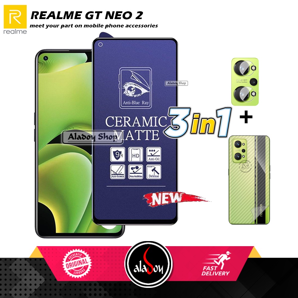 PAKET 3IN1 Anti Gores Blue Matte Anti Glare Realme GT Neo 2 + Tempered Glass Camera dan Skin Carbon