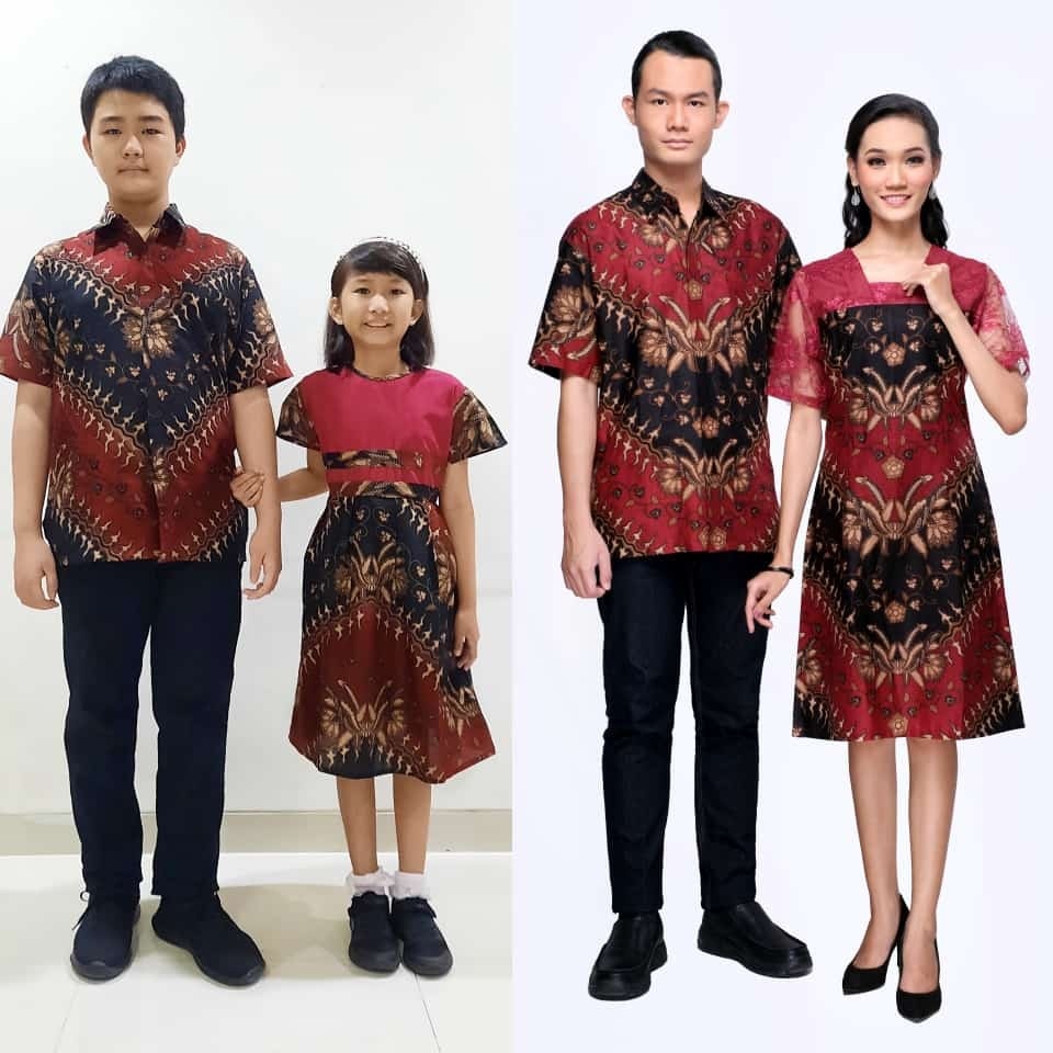 Baju Set Pakaian Couple Sarimbit Keluarga Batik Erina Brokat Merah