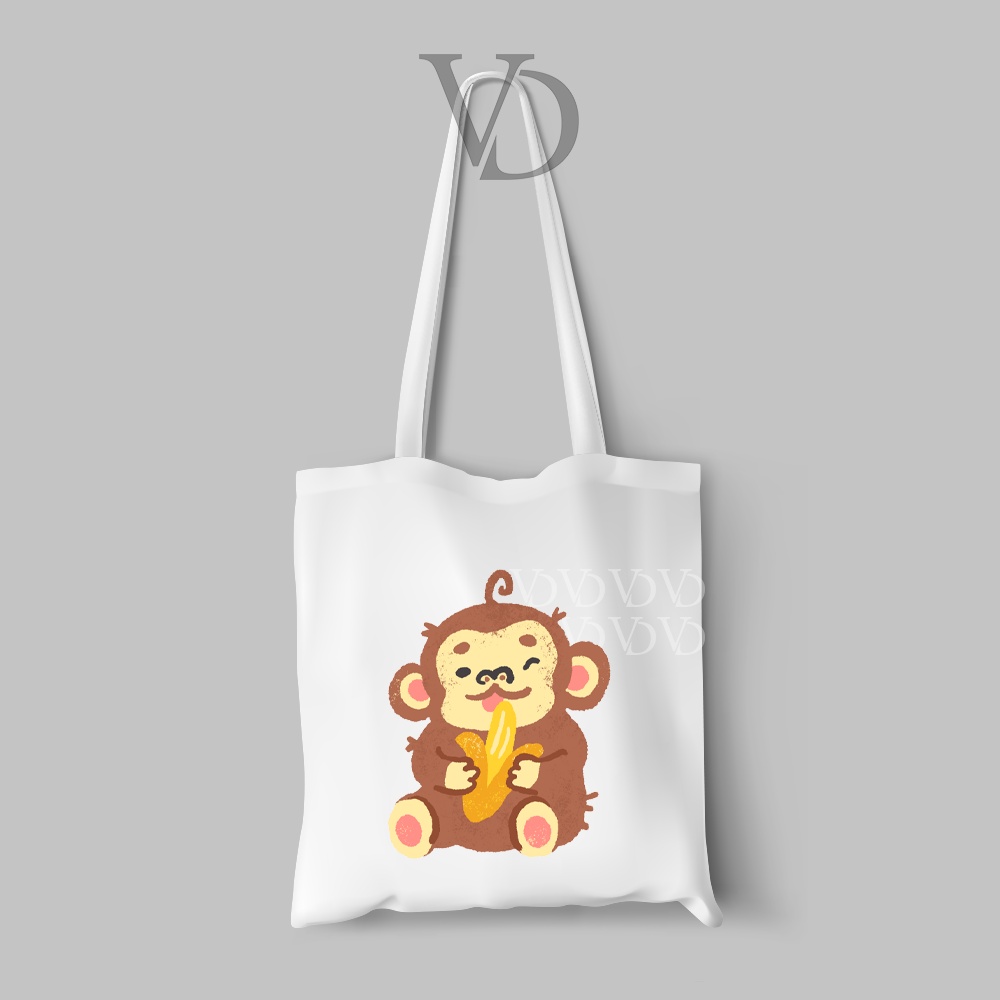 tote bag kanvas cute animal monkey hippo / tas belanja / totebag