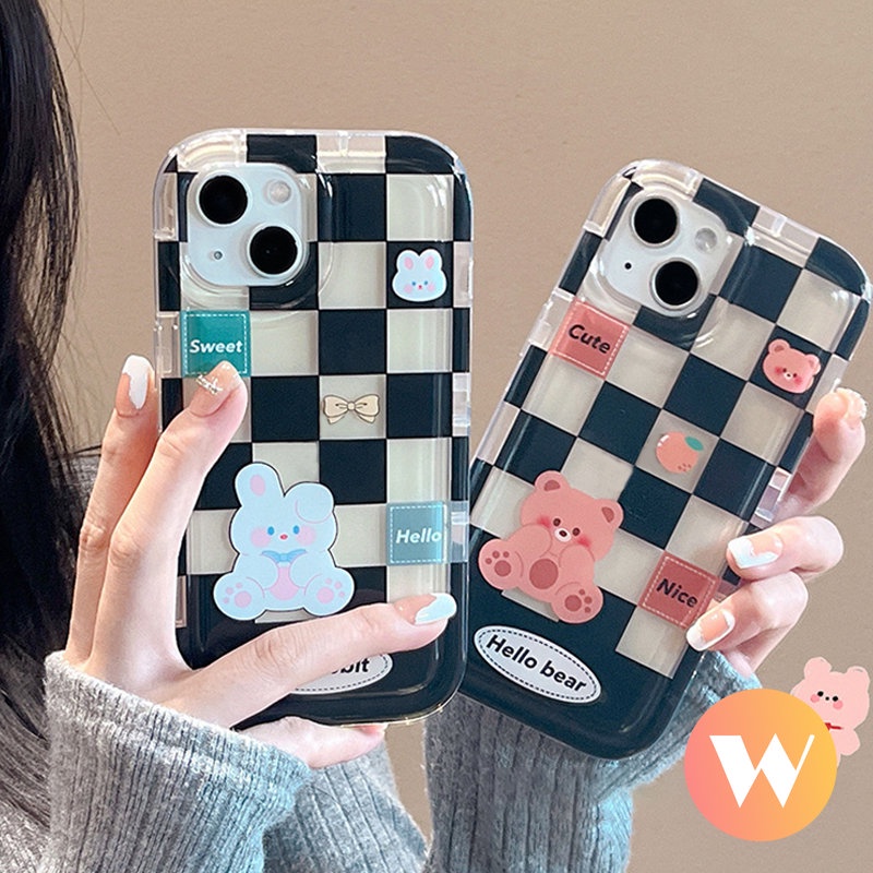 IPHONE Couple Lucu Kartun Beruang Kelinci Case Kompatibel Untuk Iphone11 13 12 14 Pro Max 7Plus 8Plus 6Plus XR X XS Max Shockproof Airbag Kotak-Kotak Lembut Tpu Phone Cover