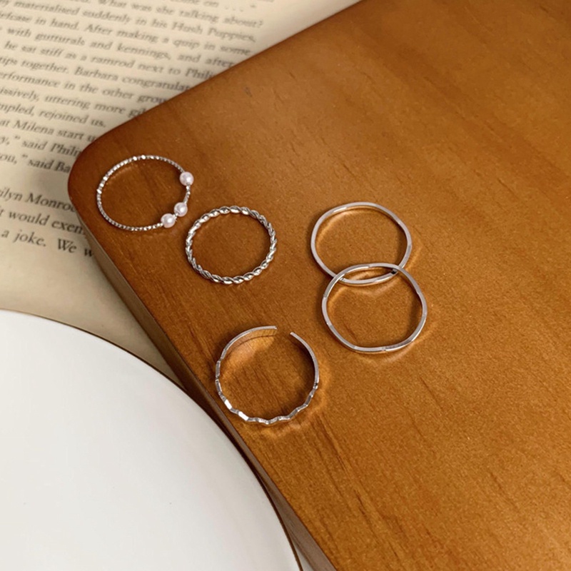 5 Pcs/Set Cincin Korea Ins Lingkaran Mutiara Cincin Wanita Gadis Fashion Aksesoris Perhiasan Jewelry