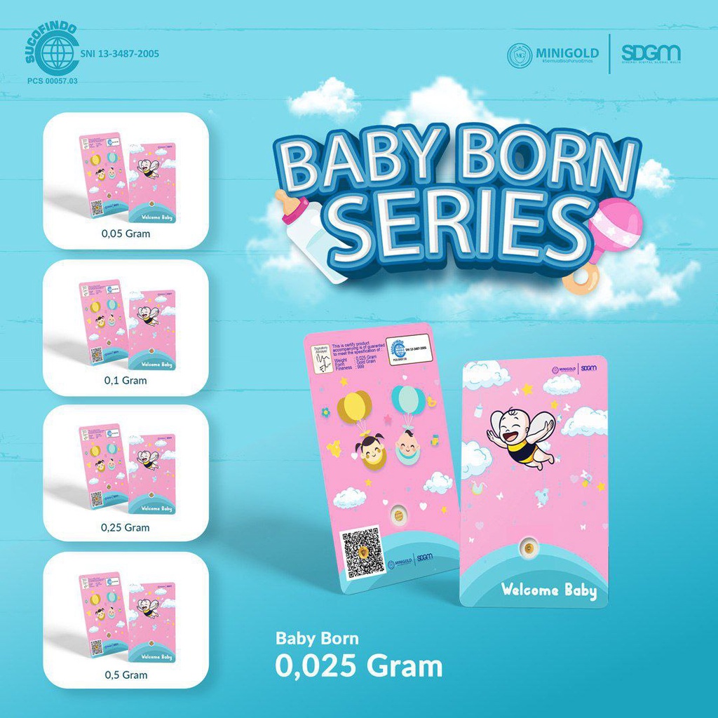 MINIGOLD Gift Series 0.025 Gram Welcome Baby Series Kemasan PVC TERMURAH TELARIS Emas Mini Emas Batangan Logam Mulia Murni 24 Karat Bersertifikat Resmi Asli Original Tabungan Emas Souvenir Keren Mewah