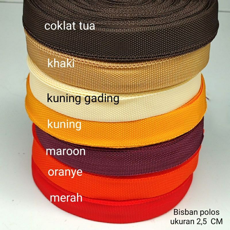 tali bisban warna/ plipit kain/webbing PP ukuran 2, 5 cm  1 rol ( 27 meter)