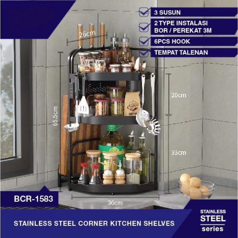 RAK DAPUR SUDUT SERBAGUNA BOTOL BUMBU PISAU KITCHEN RACK CORNER STAINLESS 3 SUSUN