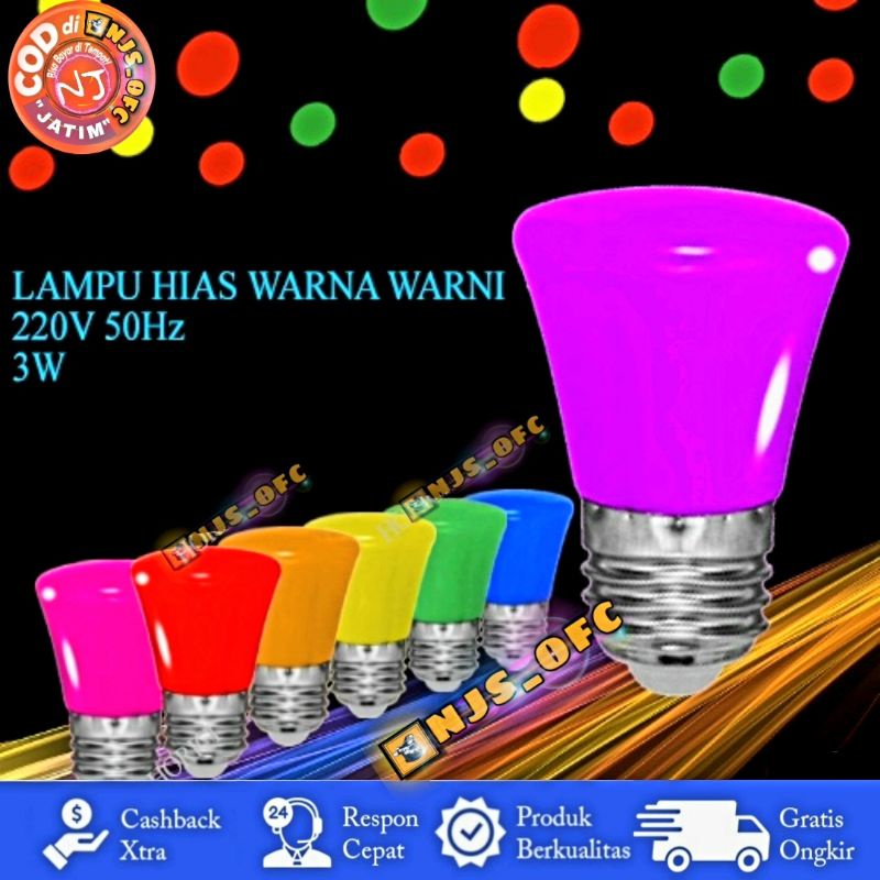 LAMPU WARNA WARNI, 3WATT (E27) 220VOLT AC / LAMPU BOLA WARNA TIPE E27. LAMPU HIAS DEKORASI CAFE / LAMPU TIDUR. MODEL HORICI3WWARNA-E2707