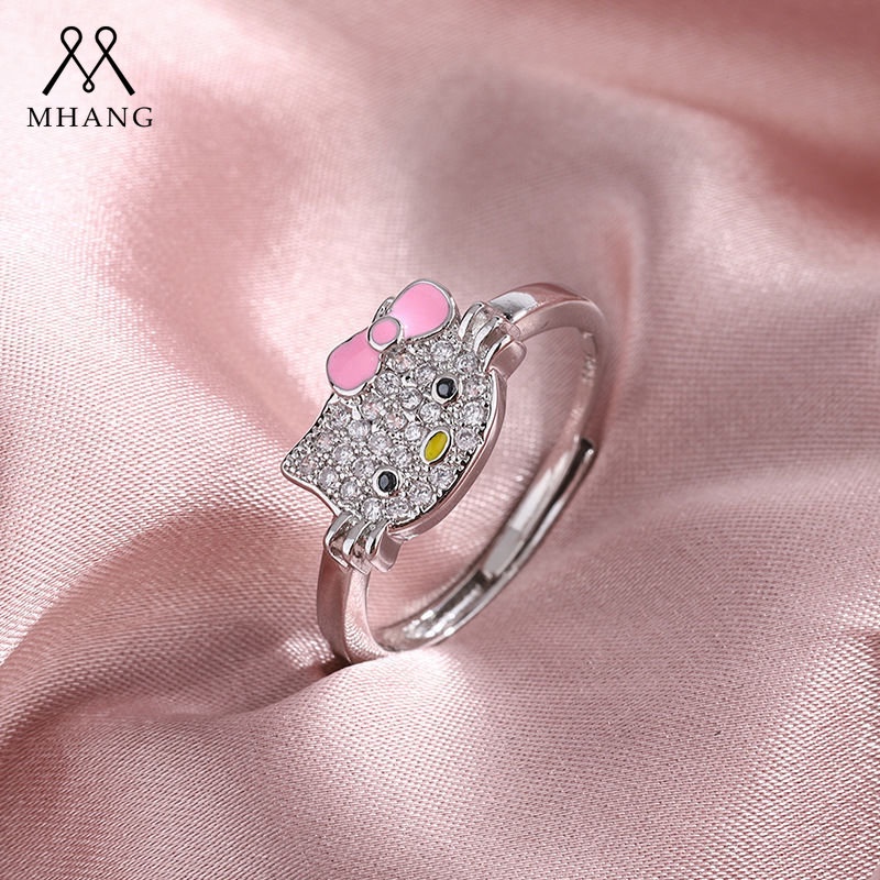 Kartun Mewah Berlian Hello Kitty Cincin Cincin Manis Dan Lucu Pink Kucing Lady Cincin Hadiah Baru