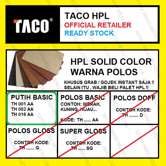 TACO HPL WARNA PUTIH POLOS KODE 001/002/016 AA