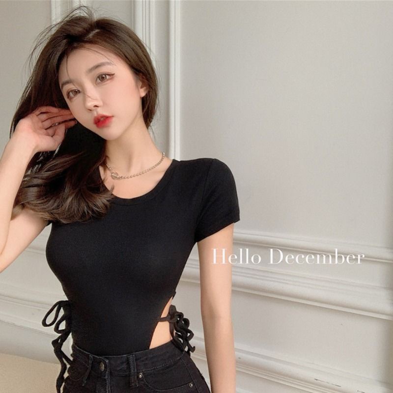 ☂Suhao Chic Hong Kong Rasa Sexy Hollow T-shirt Wanita Musim Panas Baru Budidaya Diri Elastis Jumpsuit Pakaian All-Match Strappy top