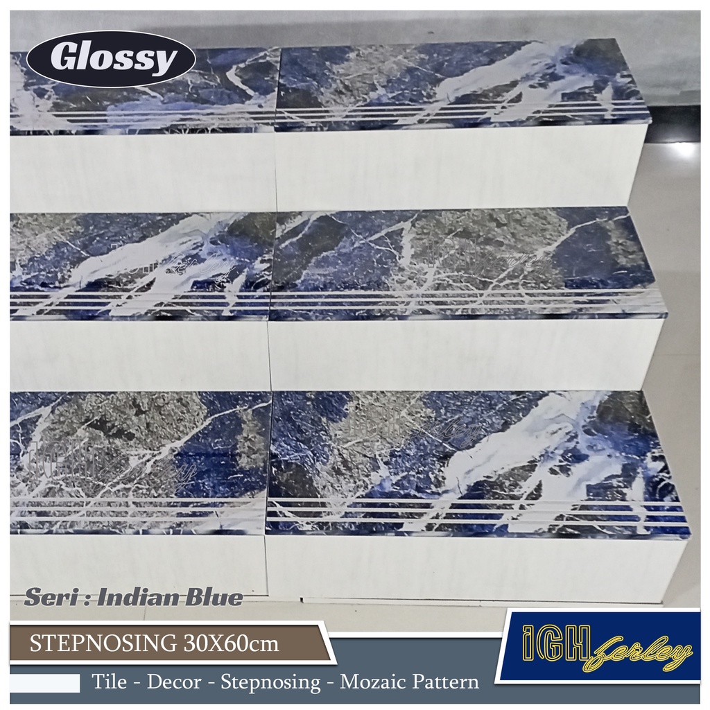Stepnosing Granit 30x60 Motif Marmer Biru Glossy Lantai Tangga Custom Pingul Original Granite Tile