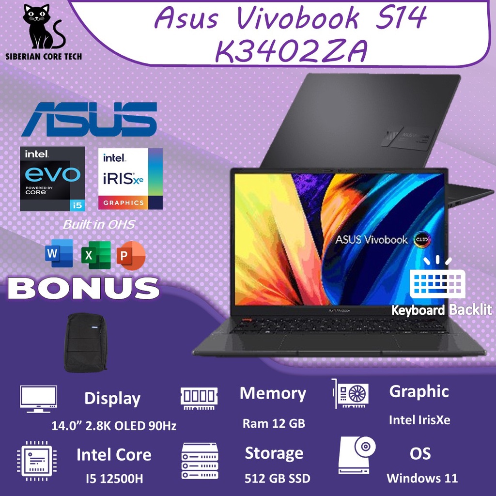 ASUS VIVOBOOK S14 OLED EVO K3402ZA OLEDS554 I5 12500H 16GB 512SSD IRISXE W11+OHS 14.0 2.8K 90HZ