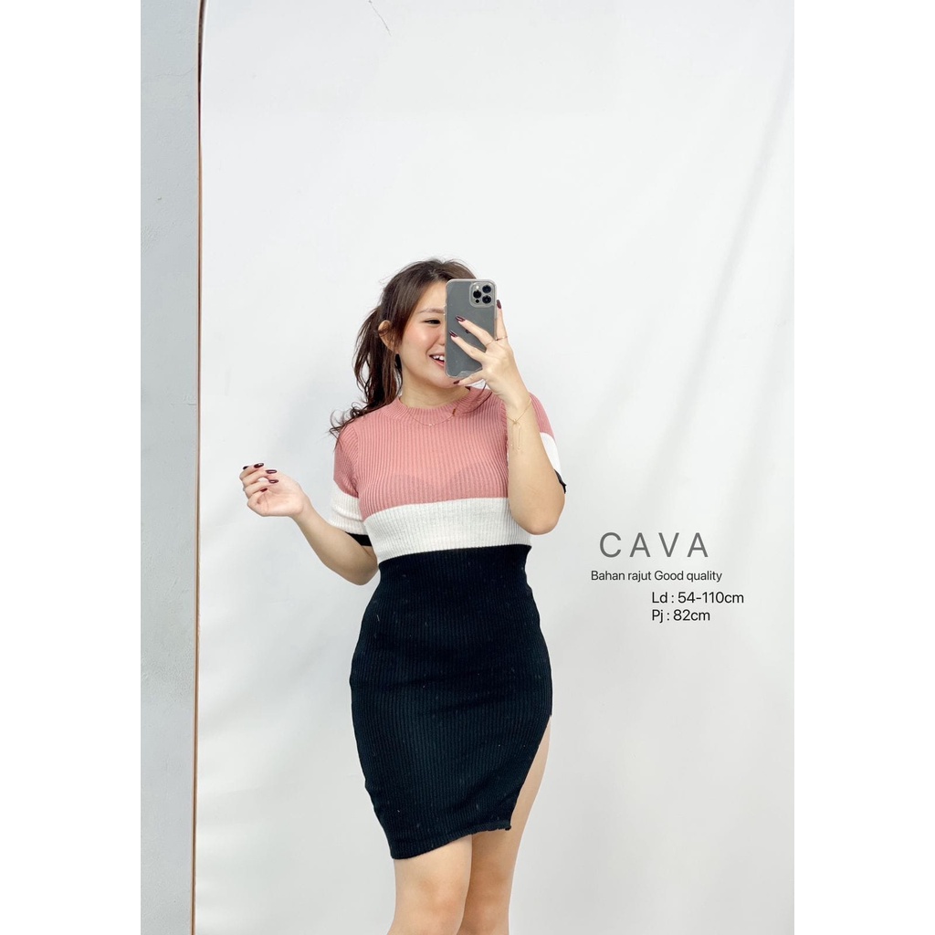 HOPYLOVY - Mini Dress Rajut Wanita List White Slit Simple Cava
