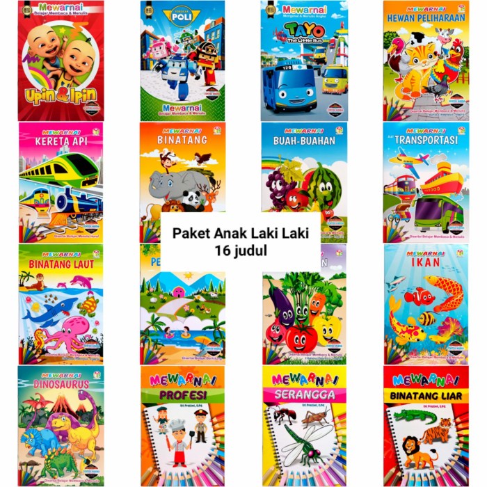 ⭐BISA COD⭐ Paket Buku Mewarnai 16 judul ( Anak laki-laki)