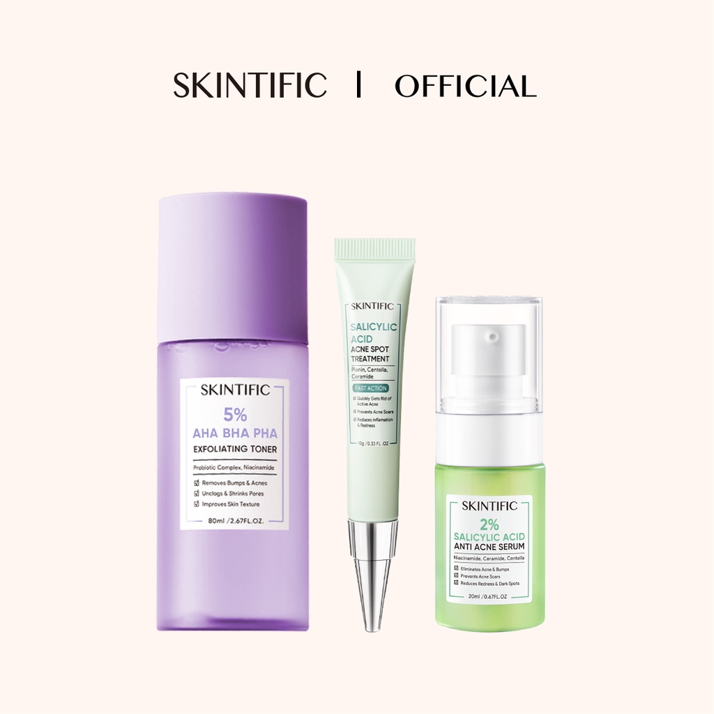 SKINTIFIC - Salicylic Acid Acne Treatment Kit with Acne Serum + Acne
Spot Gel Totol Jerawat + 5% Aha Bha Pha Exfoliating Toner【BPOM】